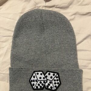 Gray Beanie with Dice Patch